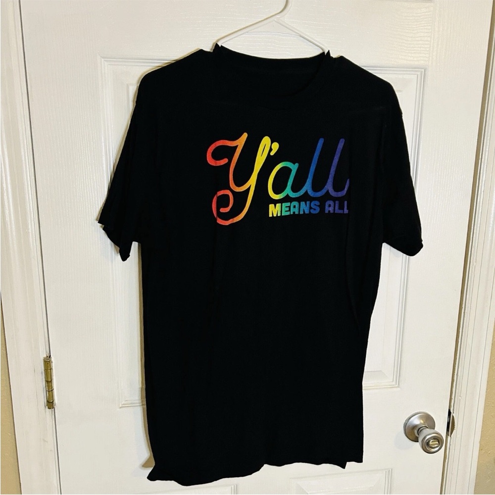 Black T-Shirt with Rainbow Text